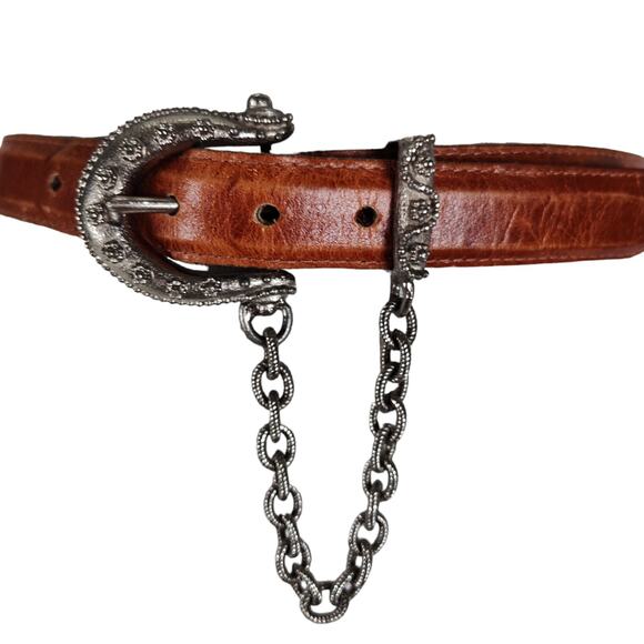 Vintage RJ Graziano Brown Leather Belt Silver Filigree Buckle Swag Chain L main image 12